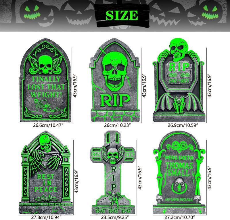 CiniQy 6 Pack Halloween Tombstones Graveyard Decorations, Halloween Yard Sign Glow in The Dark, 17”×10” Waterproof Outdoor Light Up Tombstones, Spooky Light Up Gravestones for Yard, Home, Party, Scary Decor - Image 3
